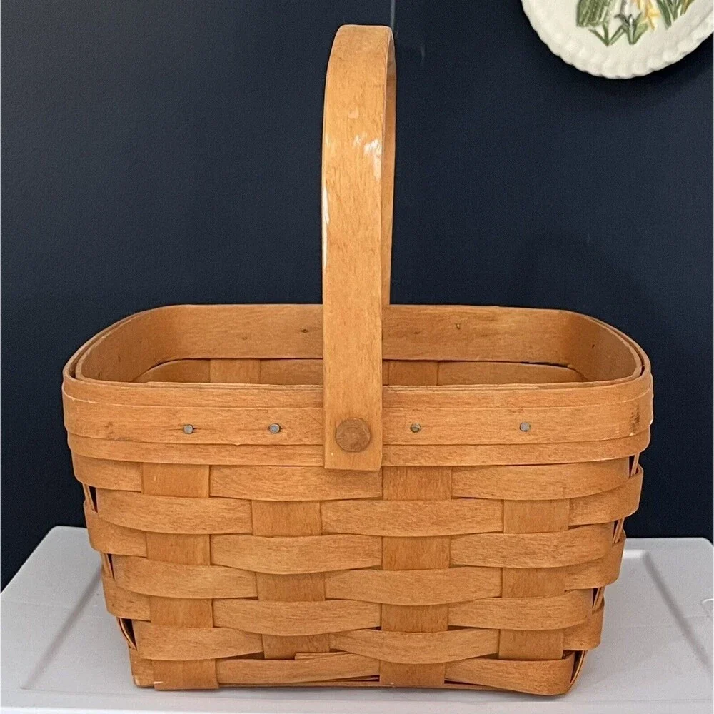 Small Longaberger Basket Wood Wooden Handled Signed Basketweave 9in